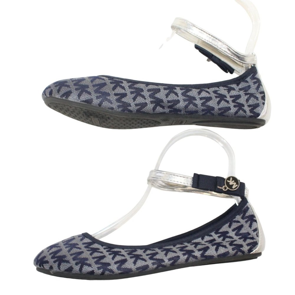 Michael Kors Fairleys Girls Sz 3 Silver Blue Logo Ankle Strap Ballet Flats Shoes - Picture 6 of 12
